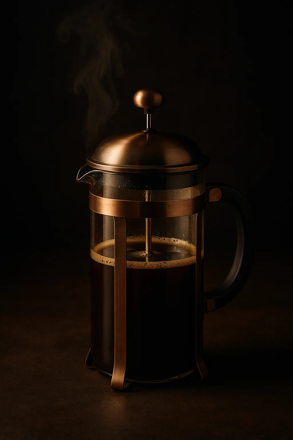 A glass french press full of coffee with visible sediment settling at the bottom