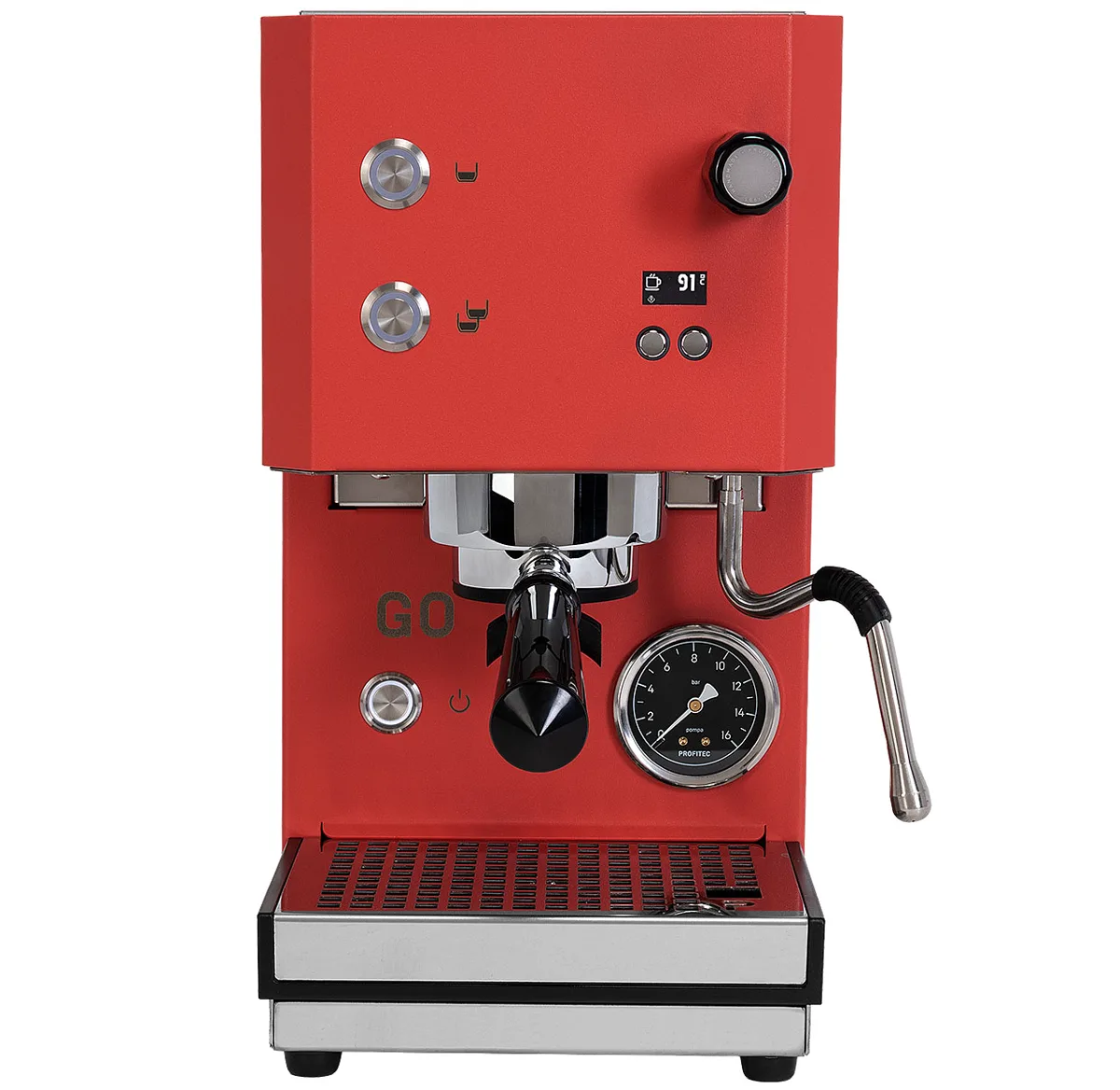 Red Profitec GO espresso machine with pressure gauge, front view, white background