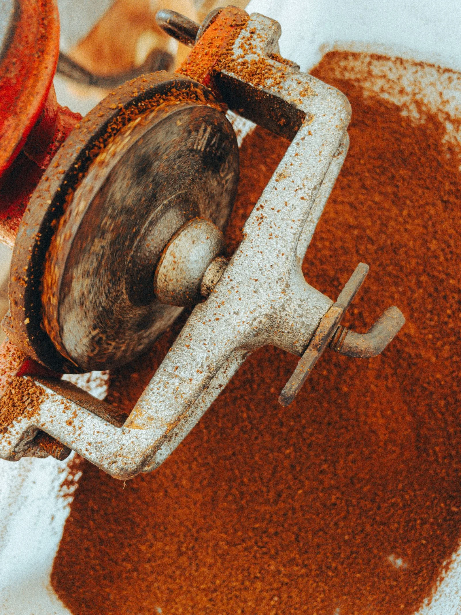 Burr grinder crushing coffee beans, showing fine ground coffee texture