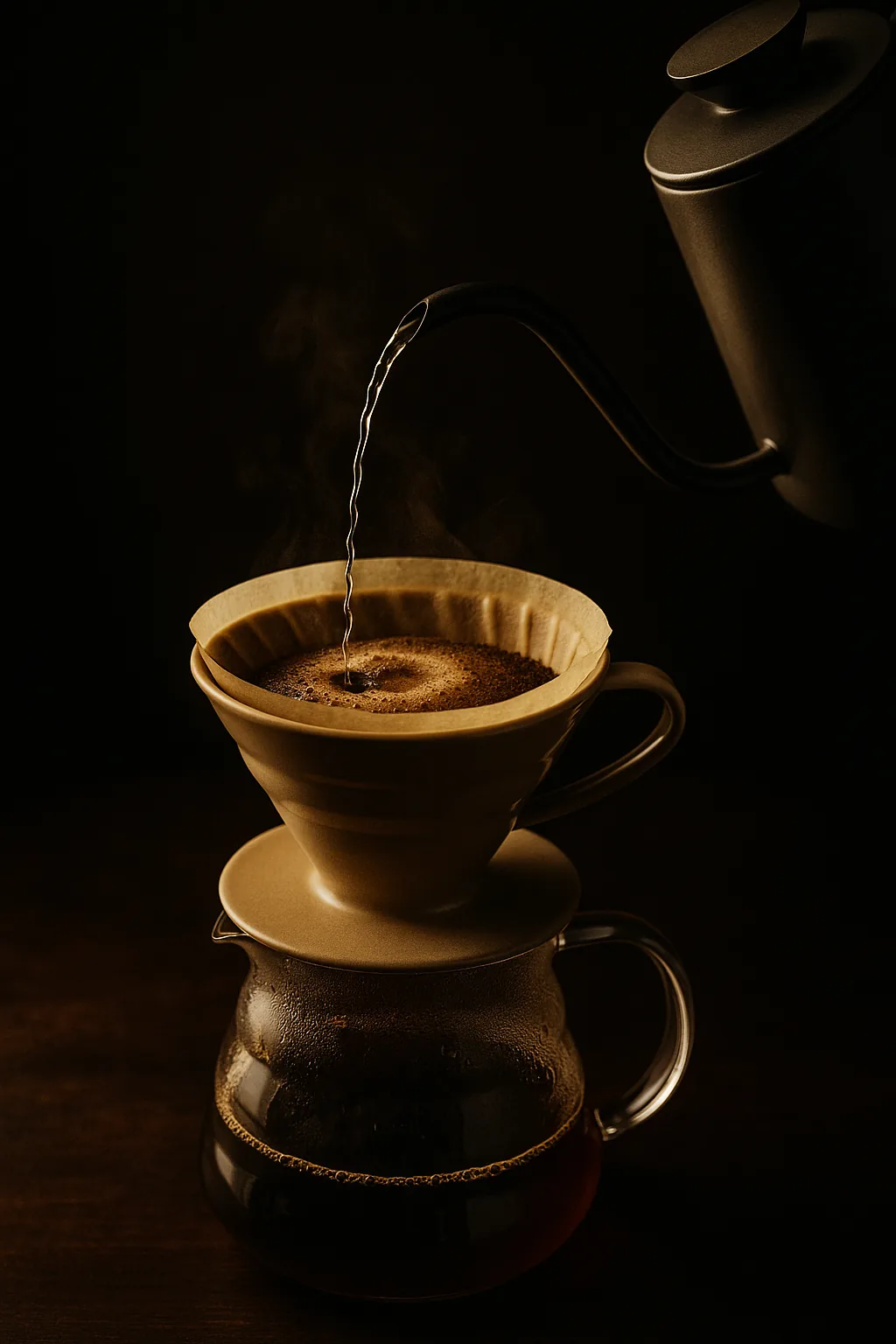 Water pooling above a stalled bed of coffee grounds in a V60 dripper